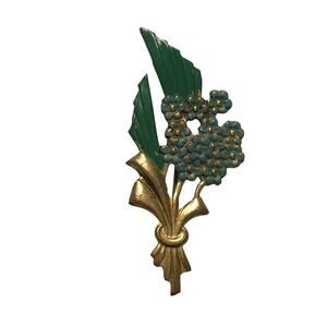 Vintage Brooch Pin From 30s or 40s Forget Me Not Flowers Bouquet Blue Green Gold